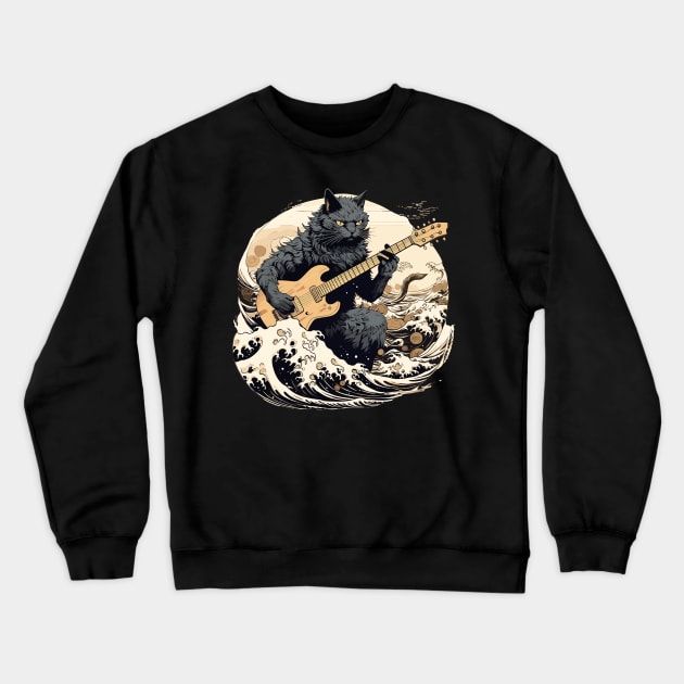 Cat guitar Kanagawa Wave Crewneck Sweatshirt by VisionDesigner